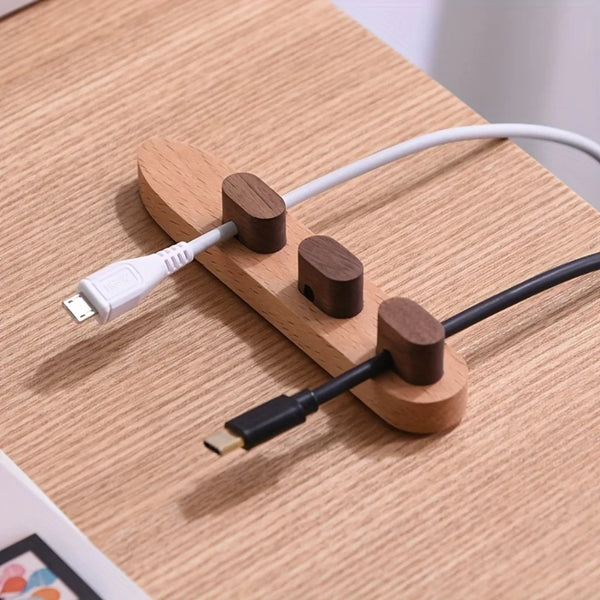 Wooden Cable Organizer Adhesive Cord Holder, No-Drill Wire Keeper for Desk, Solid Wood USB Charging Cable Clip Anti-Tangle