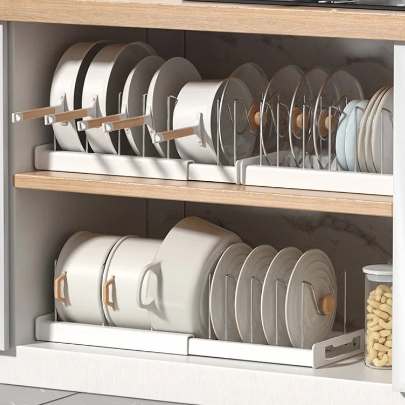 Simple Telescopic Pot Rack Kitchen Cabinet Built-in Under Sink Pot Shelf Adjustable Pot Storage Organizer