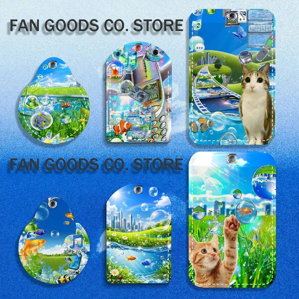 Frutiger Aero Art PU Leather Card Holder Keychain Key Ring Door Lock Access Tag ID Access Card Air Tag Case Keychain Card