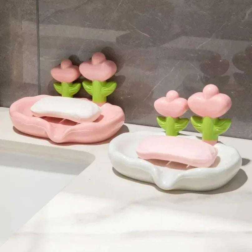 Soap container Flower Soap dish High Aesthetic Value Light Luxury Plastic Box No Punching Home Sink Storage Rack