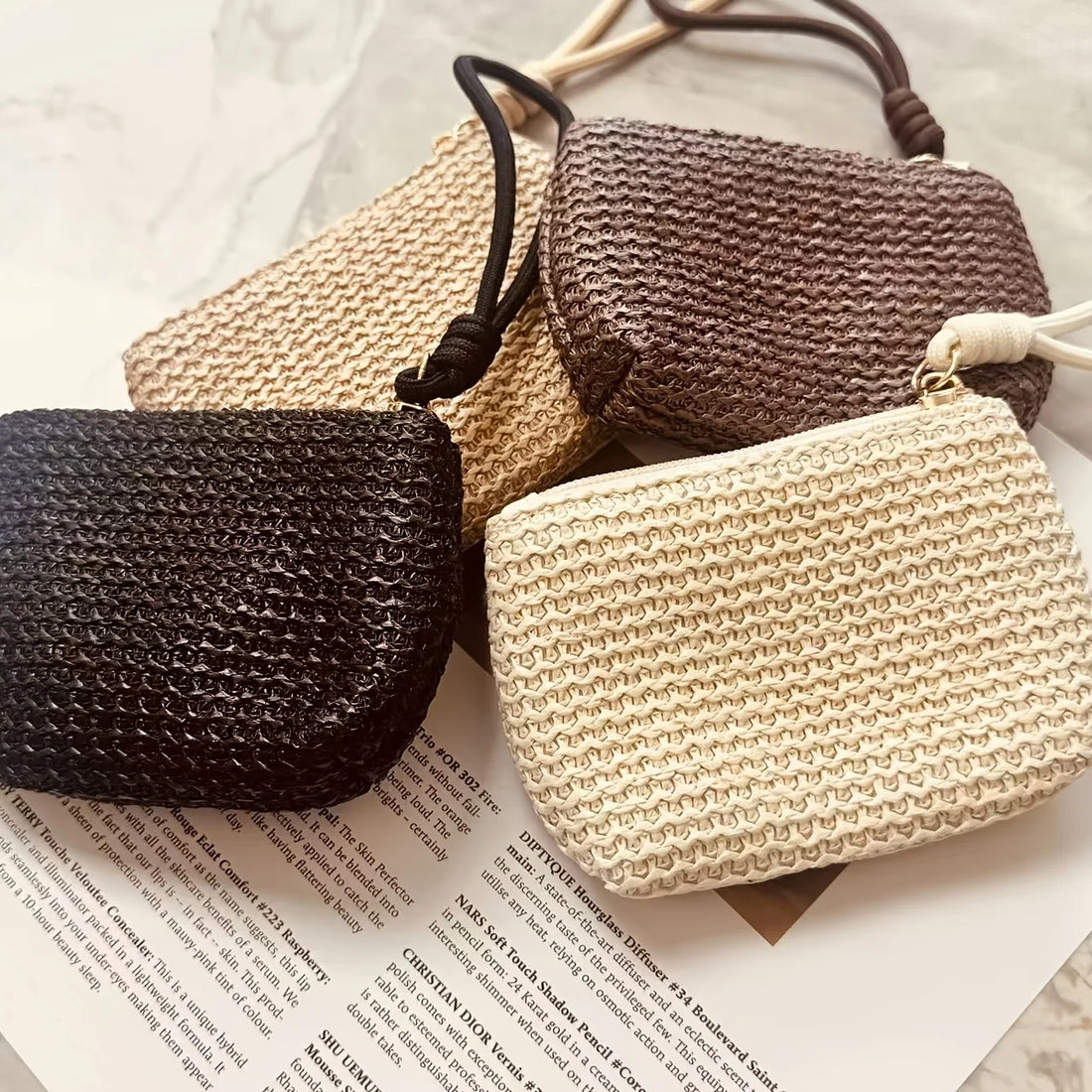 Summer Straw Key Coin Storage Purse,mini Zippered Card Holder,portable Wrist Bag Wallet Clutch Pouch,Beach Vacation Straw Bag