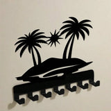 Metal 7-Hook Key Holder with Sun Beach Decor, Wall-Mounted Storage Rack for Keys, Towels, Coats - Durable & Rustproof Home Organ