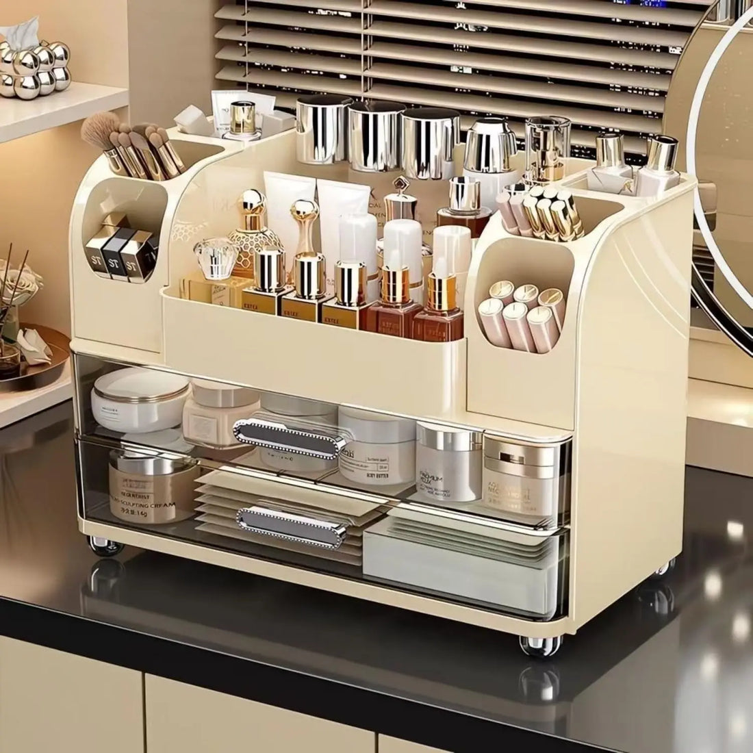 Makeup Organizer with Drawers for Vanity,Bathroom Countertop Organizer with Brushes Holder,Skincare Storage Organizer for Lipsti