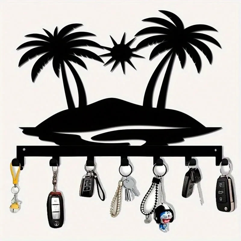 Metal 7-Hook Key Holder with Sun Beach Decor, Wall-Mounted Storage Rack for Keys, Towels, Coats - Durable & Rustproof Home Organ