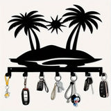 Metal 7-Hook Key Holder with Sun Beach Decor, Wall-Mounted Storage Rack for Keys, Towels, Coats - Durable & Rustproof Home Organ