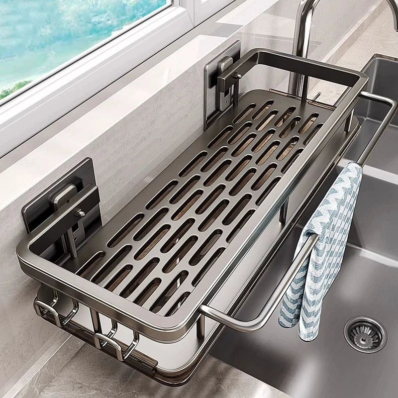 Multi-functional kitchen shelf, drying rack, mop storage, no-drill wall mount, home spice rack, sink faucet basin