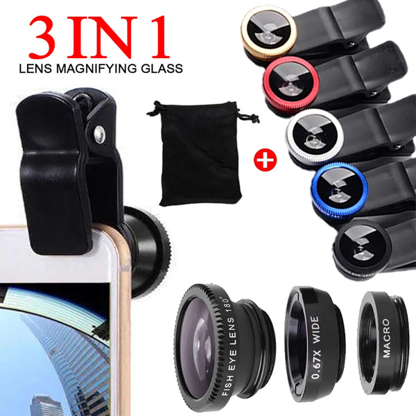 3 in1 180° Fish Eye Mobile Phone Camera Lens Fish Eye 0.67X Quality Wide Angle Macro Lens Clip Phone Lens Kit For All Smartphone