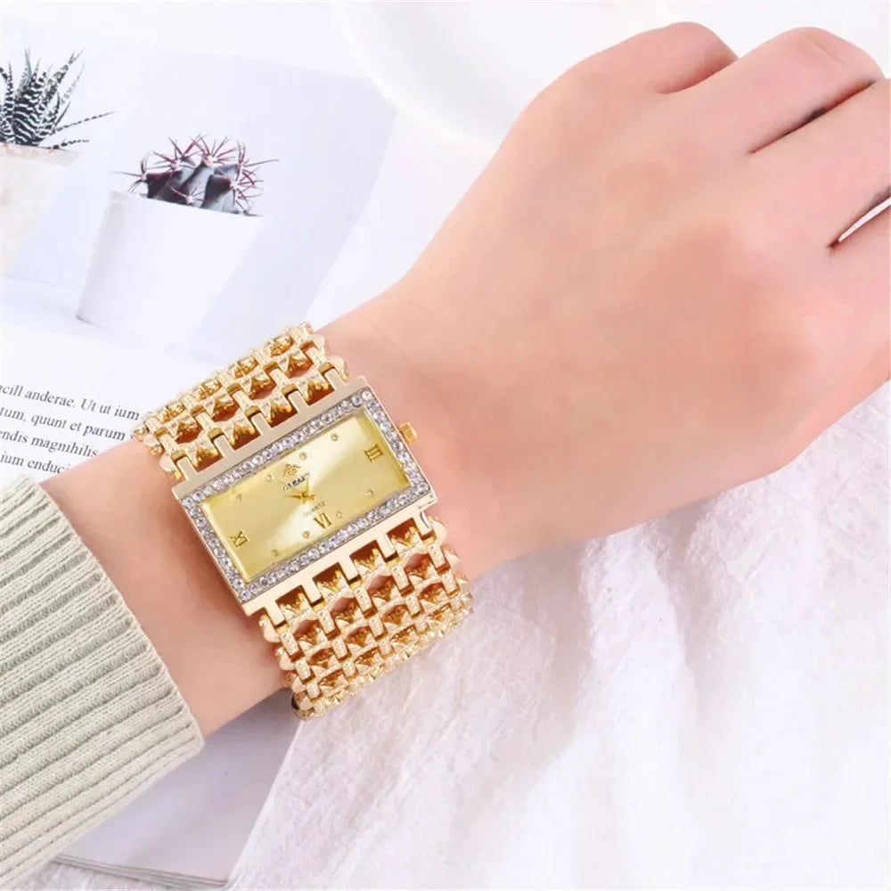 Women's Fashion Luxury Square Diamond Quartz Watch with Light, Ladies' Gold Stainless Steel Bracelet
