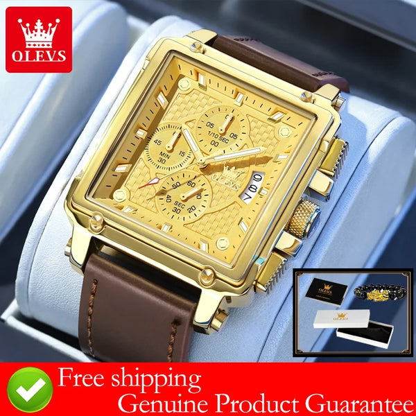 OLEVS brand mens watches waterproof Leather strap chronograph quartz watch for man date gold square dial genuine male wristwatch