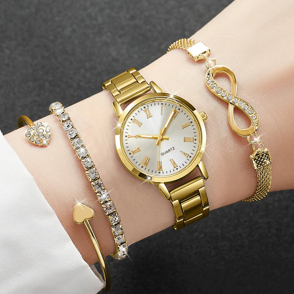 4PCS Fashion Women Watches Diamond Bracelets Set Alloy Strap Quartz Wristwatch Reloj Mujer Girls Clock Gift (Without Box)