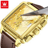 OLEVS brand mens watches waterproof Leather strap chronograph quartz watch for man date gold square dial genuine male wristwatch