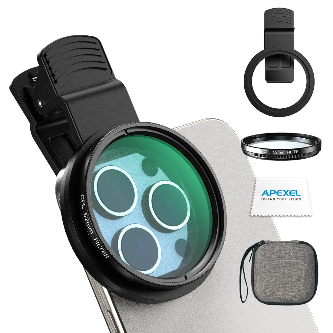 APEXEL 52mm HD Filter Lens Kit, Professional Filters for Mobile Phones and Cameras, with Universal Clip and Storage Bag