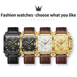 OLEVS brand mens watches waterproof Leather strap chronograph quartz watch for man date gold square dial genuine male wristwatch