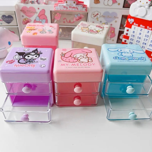 New Double Layer Drawer Storage Box Kt My Melody Kuromi Cinnamoroll Jewelry Bead Chain Stationery Organizer For Girls
