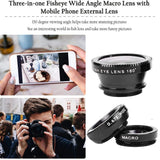3 in1 180° Fish Eye Mobile Phone Camera Lens Fish Eye 0.67X Quality Wide Angle Macro Lens Clip Phone Lens Kit For All Smartphone